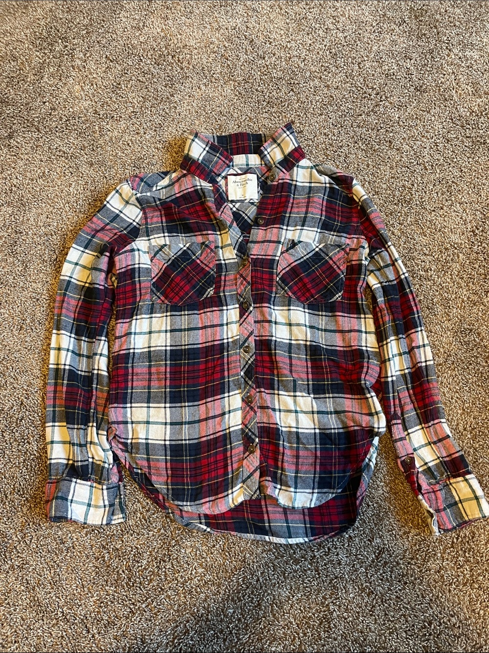 Abercrombie & Fitch Red, Navy and Cream Plaid Button-Up Shirt